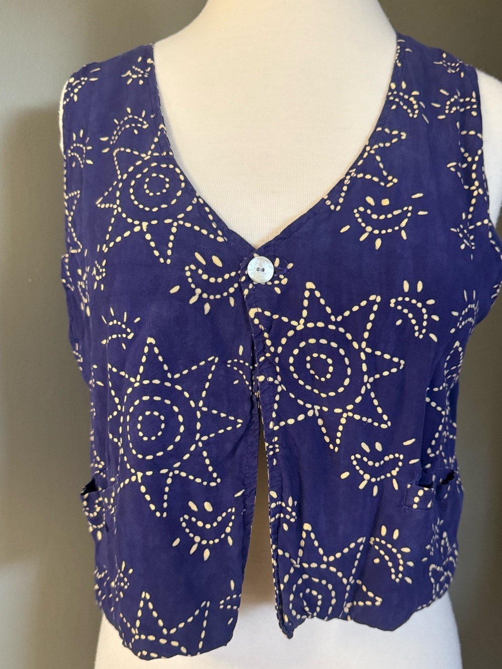 Festival Reversible Rayon Cropped Vest Cobalt Blue Cream Boho Sun Print One Size